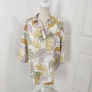 Tahari Linen Top Womens 1X Cream Floral Leaves Tropical Button Side Resort